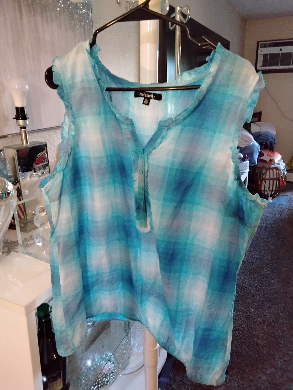 Relativity Turquoise Plaid Sleeveless Henley Top